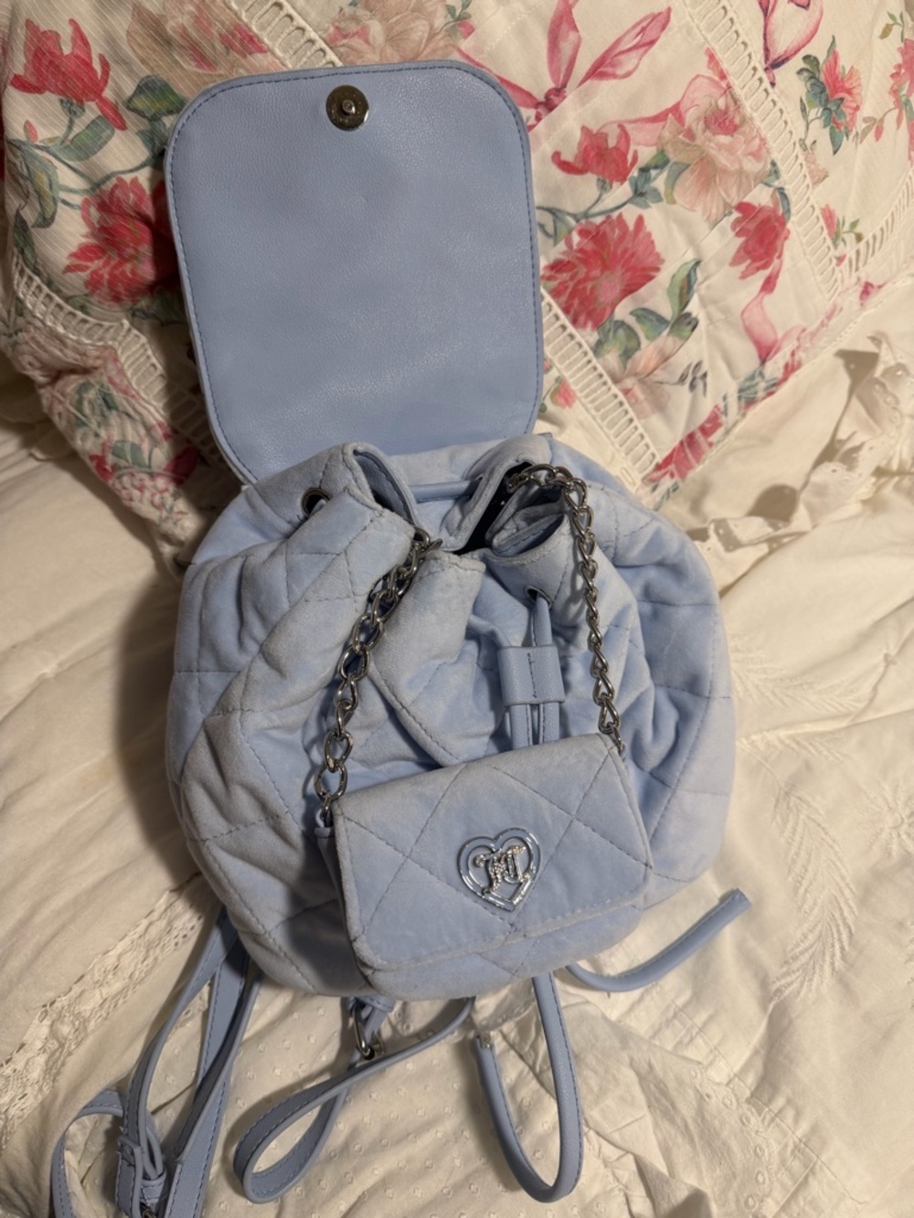 Juicy Couture Quilted Light Blue Drawstring Backpack with Chain Accent